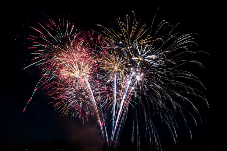 Pink and red fireworks light up the night sky.